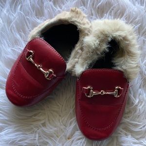 Red fur loafers